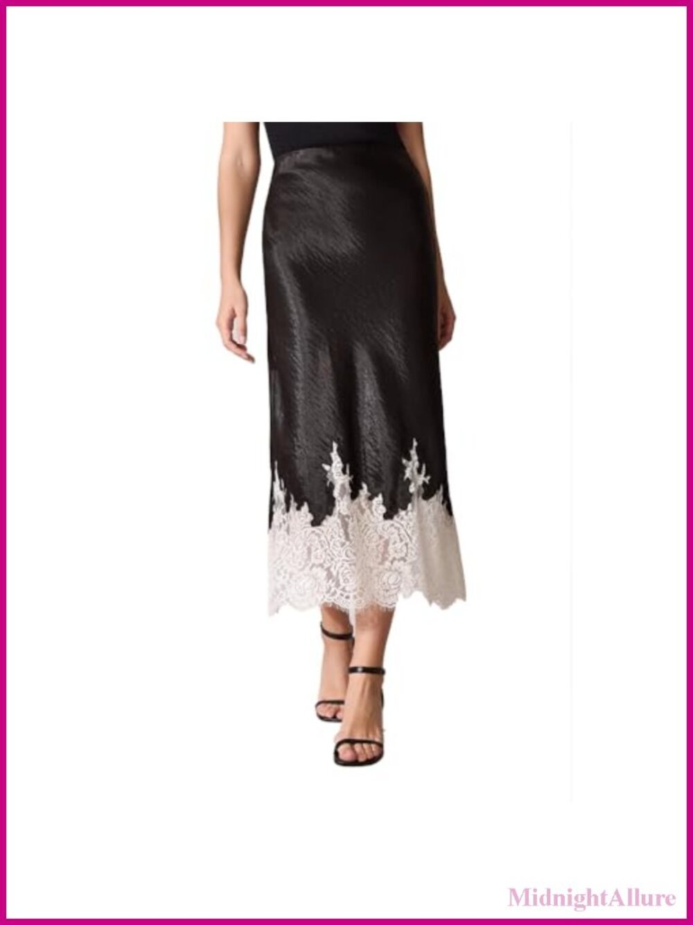 Satin Midi Skirt Lace Hem Bias Cut A-Line High Waist
